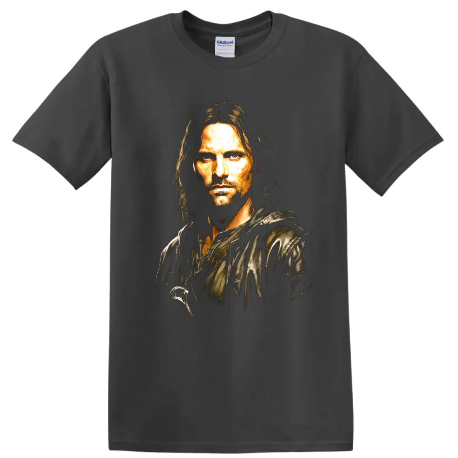 Aragorn fantasy ranger portrait graphic from The Lord of the Rings on a Charcoal T Shirt