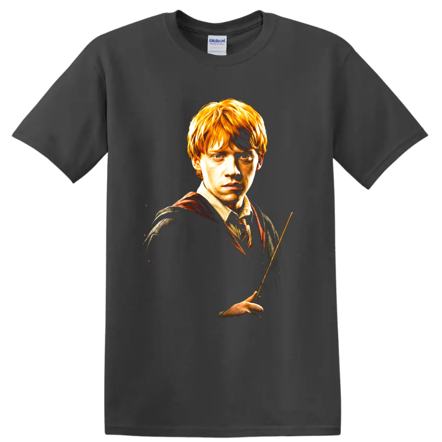 Ron Weasley wizard wand portrait graphic print on a Charcoal T Shirt