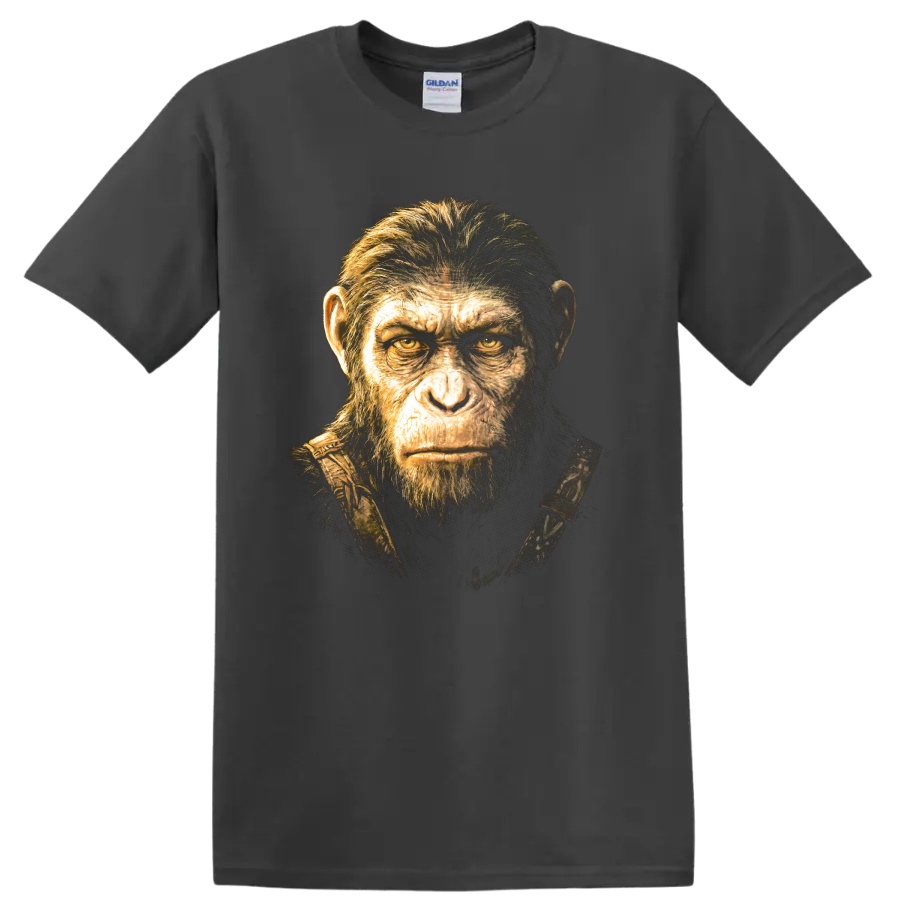 Caesar from Planet of the Apes cinematic ape portrait graphic on a Charcoal T Shirt