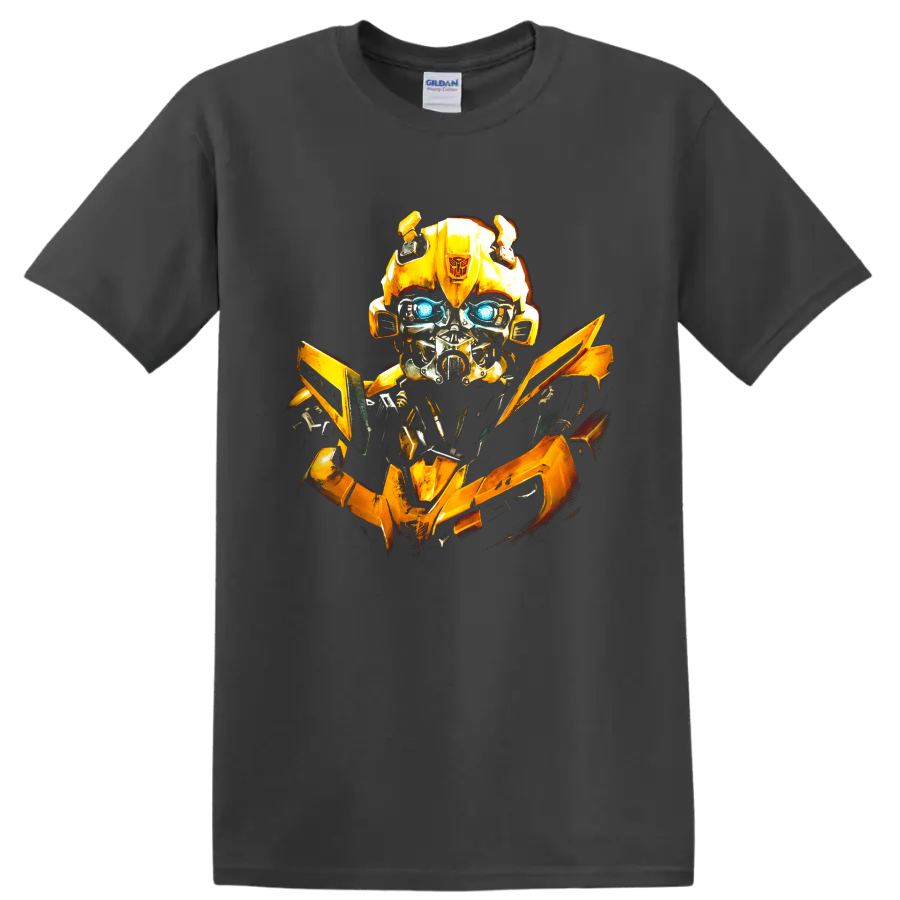 Bumblebee yellow robot graphic with glowing blue eyes on a Charcoal T Shirt