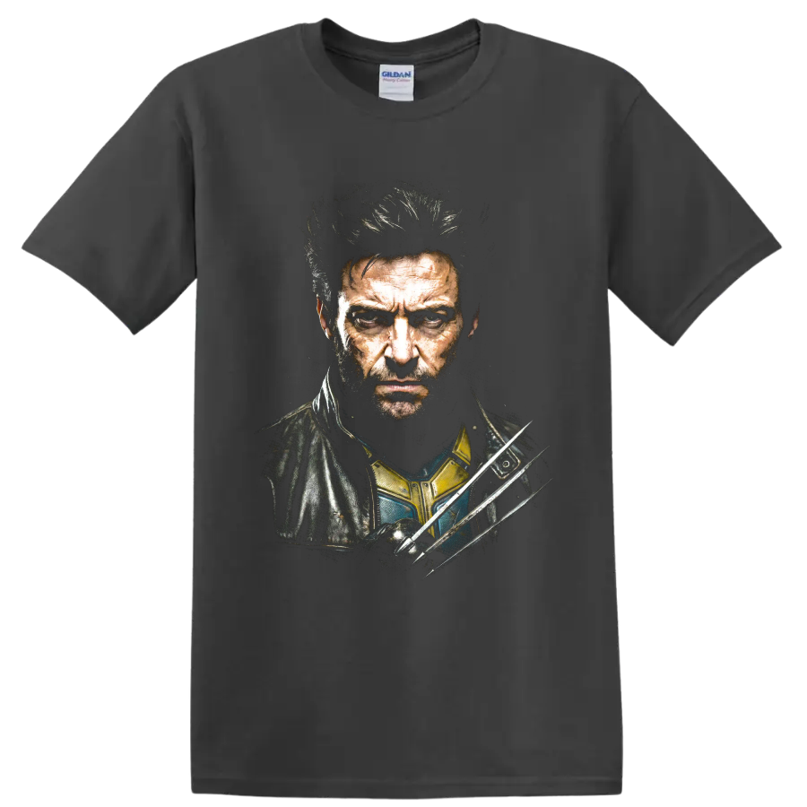 Gritty Logan Wolverine portrait with three extended claws on a Charcoal T Shirt
