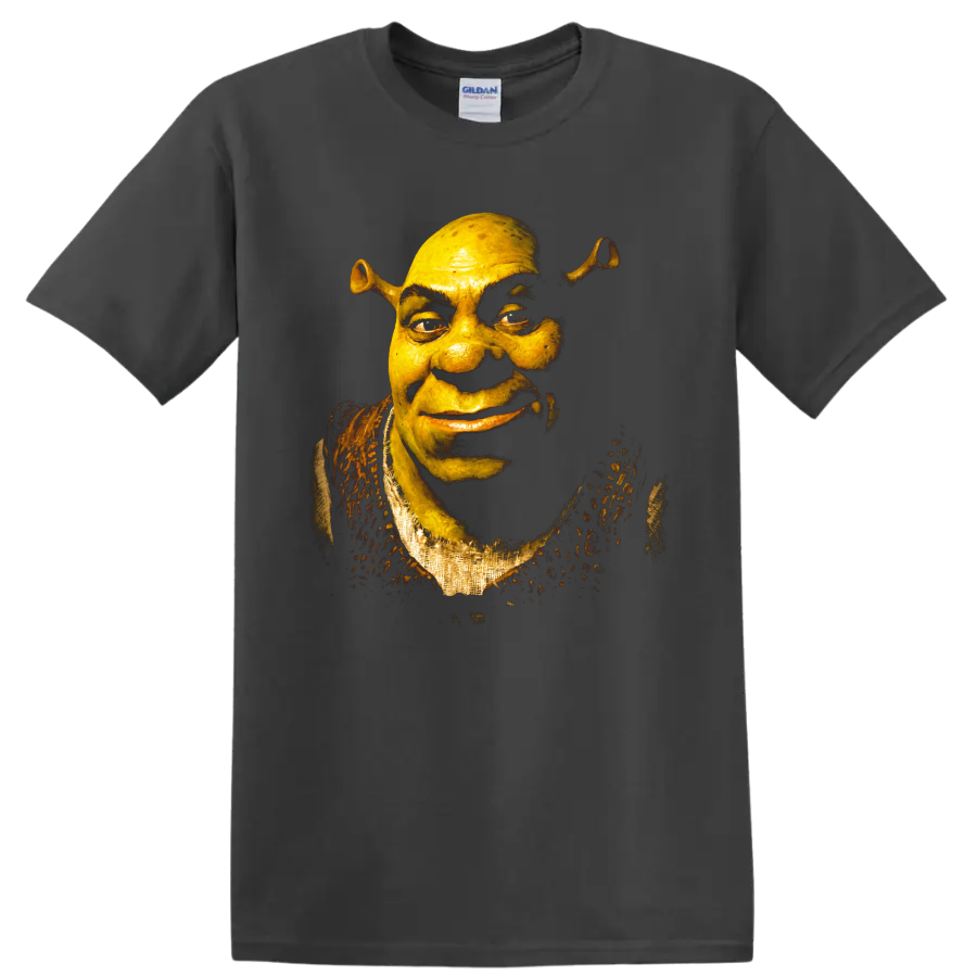 Shrek green ogre close-up portrait in dark fantasy graphic style on a Charcoal T Shirt