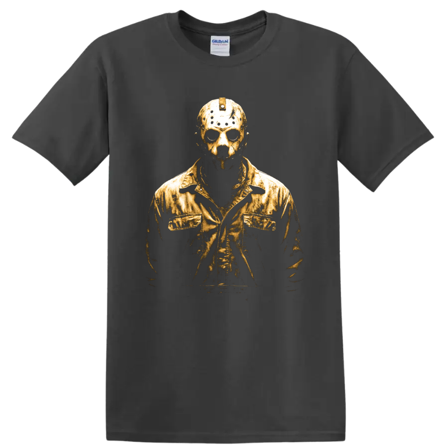 Jason Voorhees distressed gold masked portrait graphic on a Charcoal T Shirt