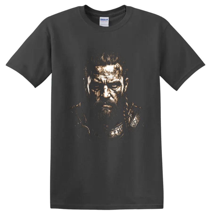 Ragnar Lothbrok distressed Norse warrior portrait graphic on a Charcoal T Shirt