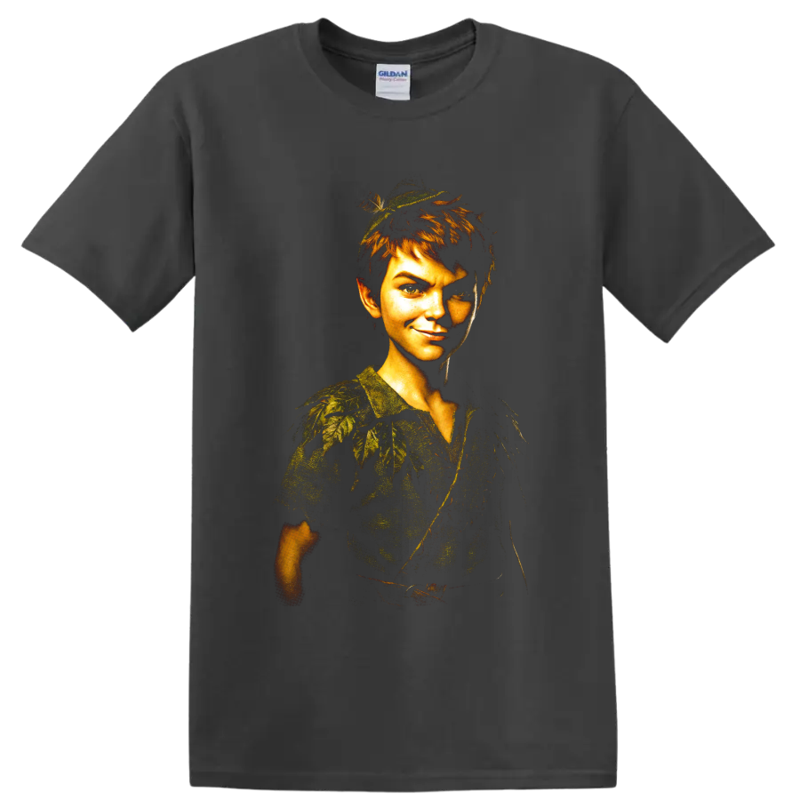 Peter Pan fantasy forest boy portrait graphic print on a Charcoal T Shirt