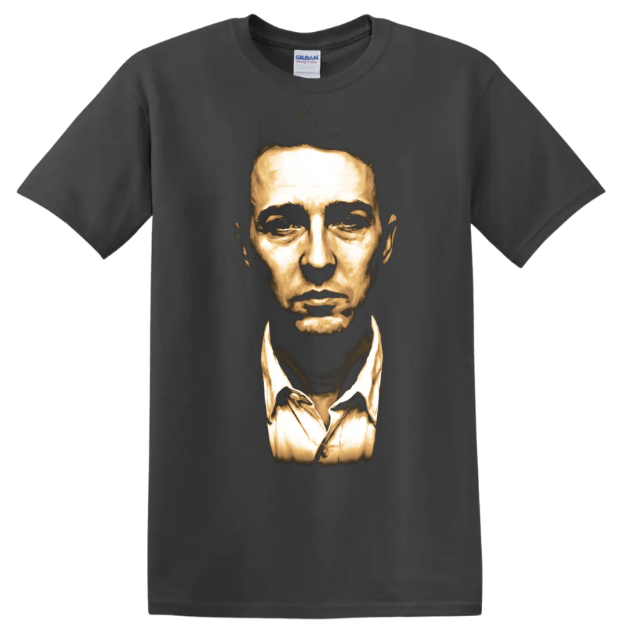 Edward Norton as The Narrator in a dramatic golden Fight Club portrait on a Charcoal T Shirt