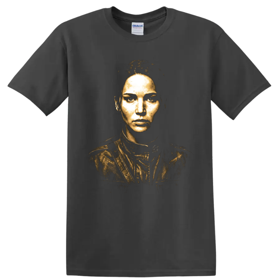 Katniss Everdeen distressed gold portrait graphic print on a Charcoal T Shirt