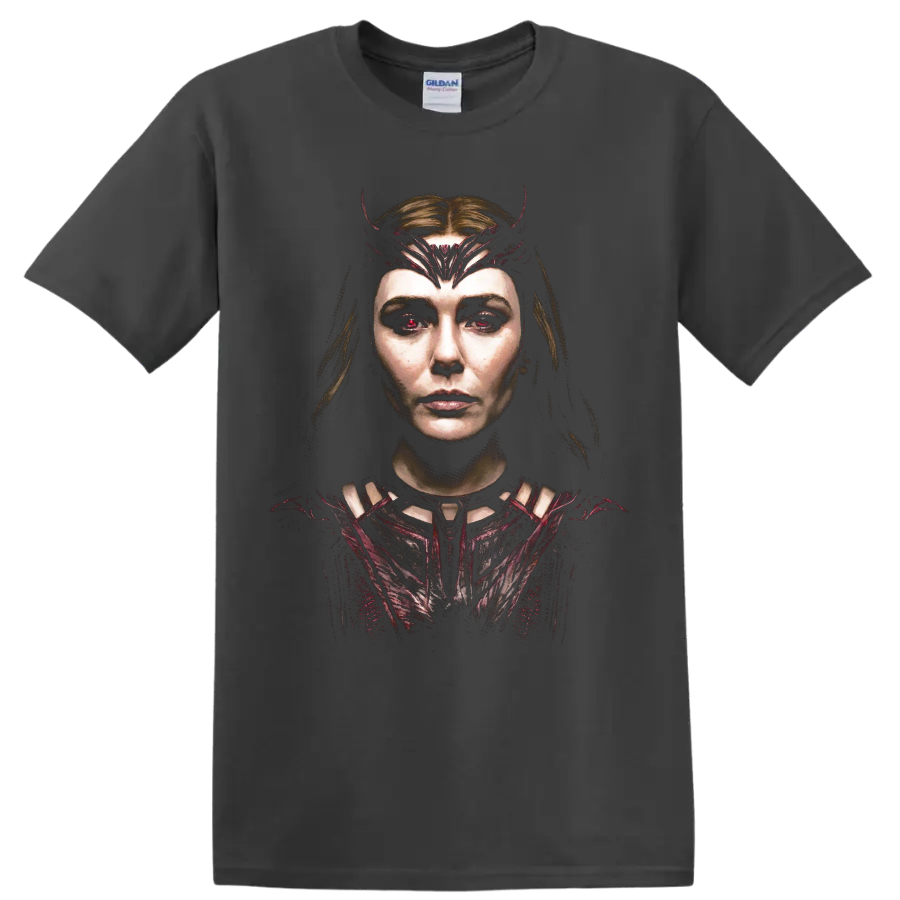 Scarlet Witch dark cinematic portrait with crimson crown on a Charcoal T Shirt