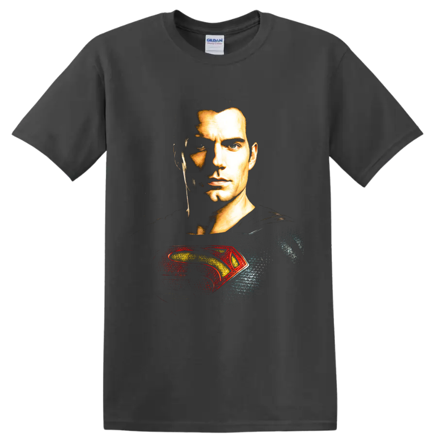 Superman portrait with red and gold emblem graphic on a Charcoal T Shirt