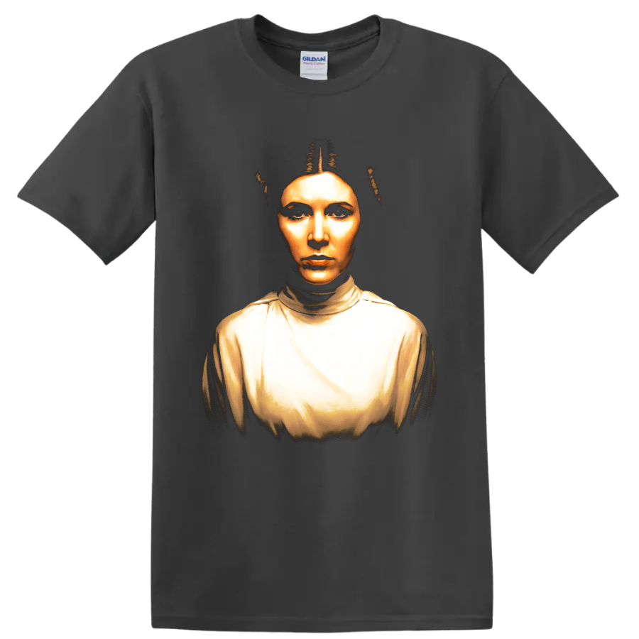 Princess Leia Organa portrait in golden cinematic style on a Charcoal T Shirt