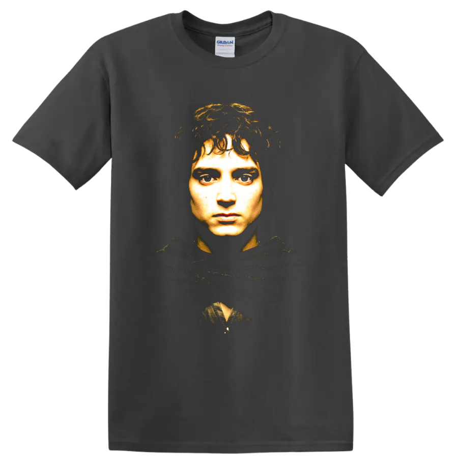 Frodo Baggins fantasy portrait in a shadowed hood on a Charcoal T Shirt