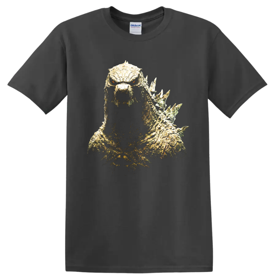 Godzilla Minus One distressed monster portrait with glowing eyes and dorsal spines on a Charcoal T Shirt