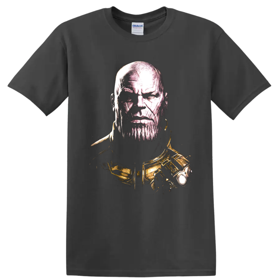 Thanos portrait graphic with gold armor in a gritty comic-art style on a Charcoal T Shirt