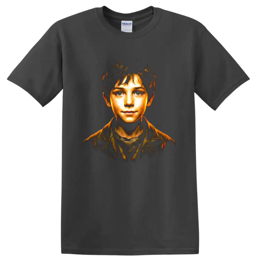 Sebastien portrait from Belle and Sebastian in warm cinematic illustrated style on a Charcoal T Shirt