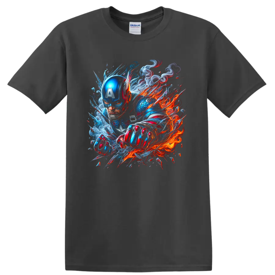 Captain America fiery action graphic with blue armor, red details, smoke, and flames on a Charcoal T Shirt