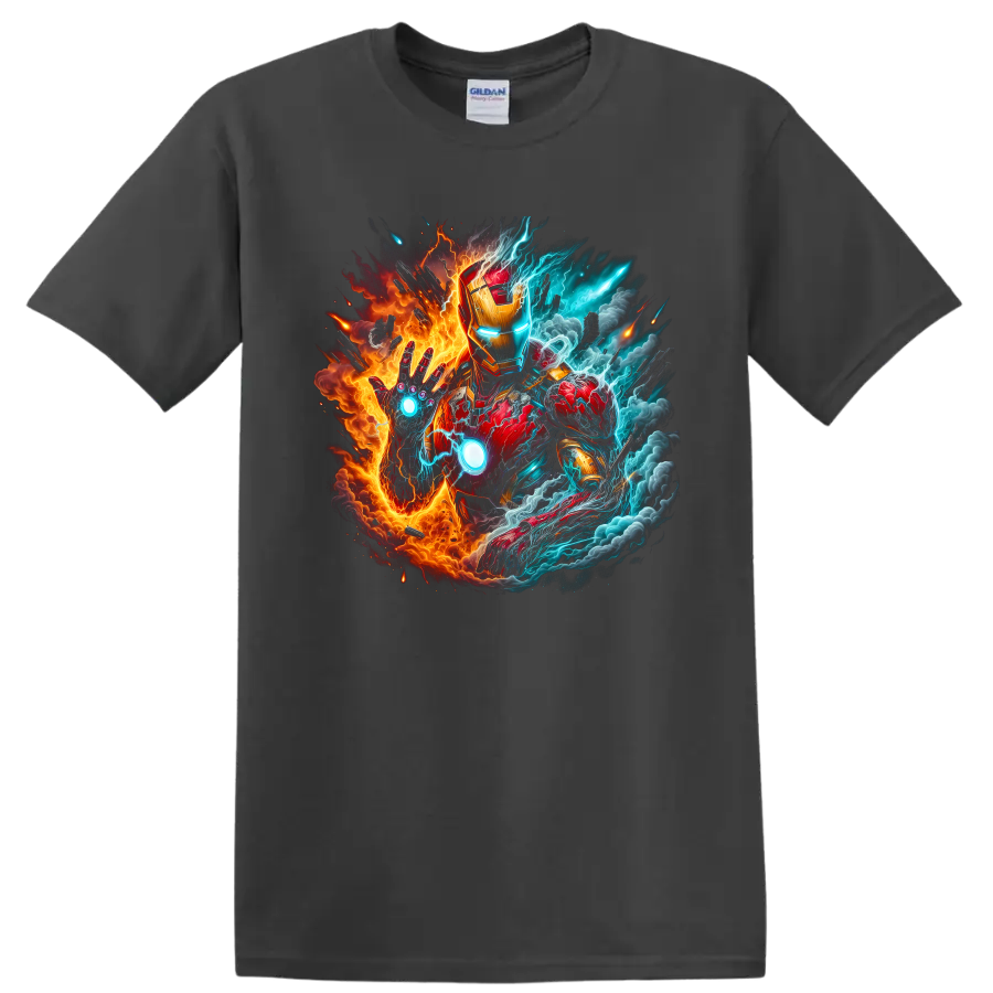 Iron Man in fiery red and gold armor with blue lightning comic battle art on a Charcoal T Shirt