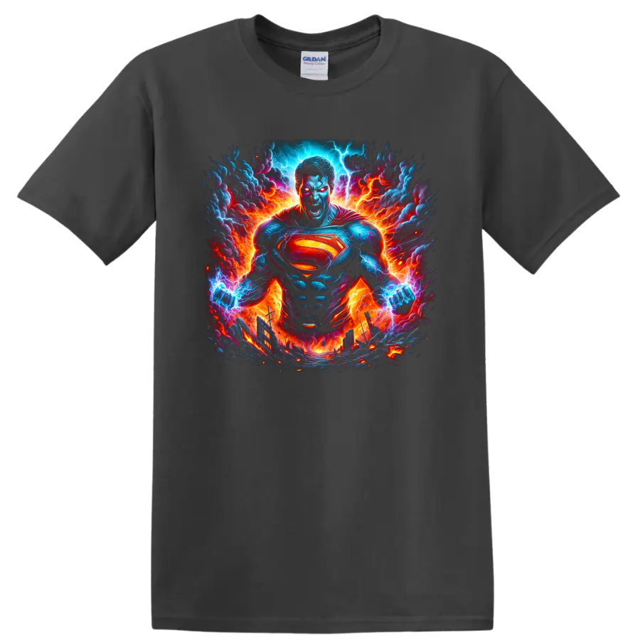 Superman in fiery lightning storm comic art with glowing chest shield on a Charcoal T Shirt