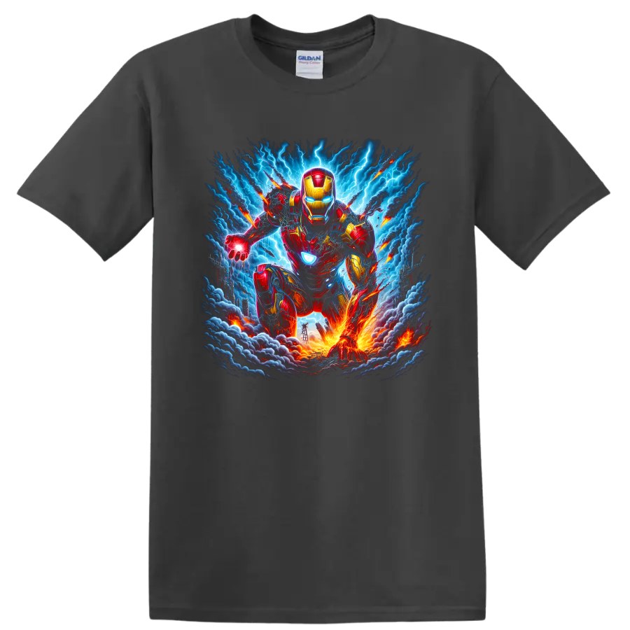 Iron Man armored superhero charging through lightning storm action artwork on a Charcoal T Shirt