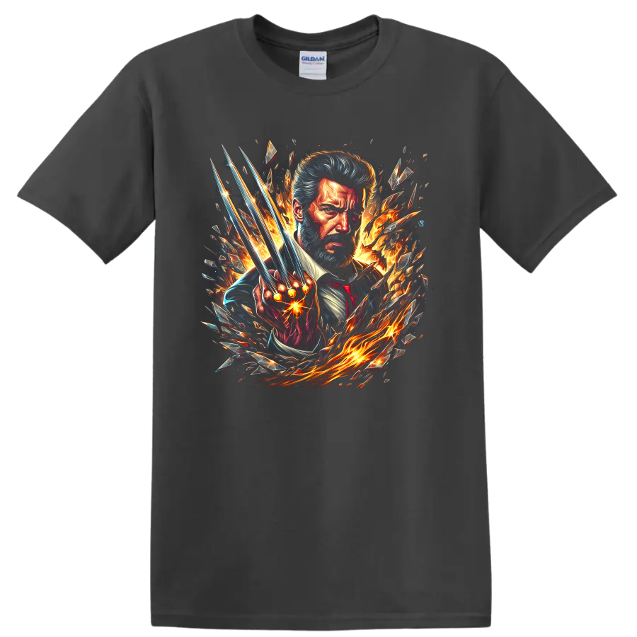 Old Man Logan Wolverine portrait with extended claws, flames, and shattered comic art on a Charcoal T Shirt