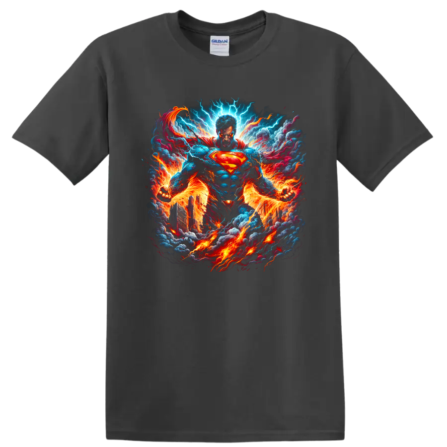 Superman comic-style art with lightning, flames, smoke, and a blazing cityscape on a Charcoal T Shirt