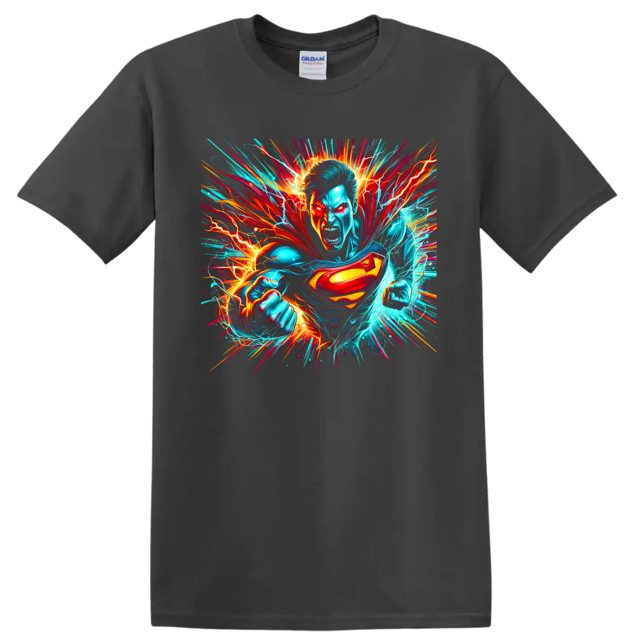 Superman neon lightning comic action graphic with cape, shield, and clenched fists on a Charcoal T Shirt