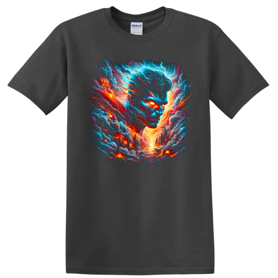 Superman cosmic storm portrait with glowing eyes, electric clouds, and fiery city on a Charcoal T Shirt