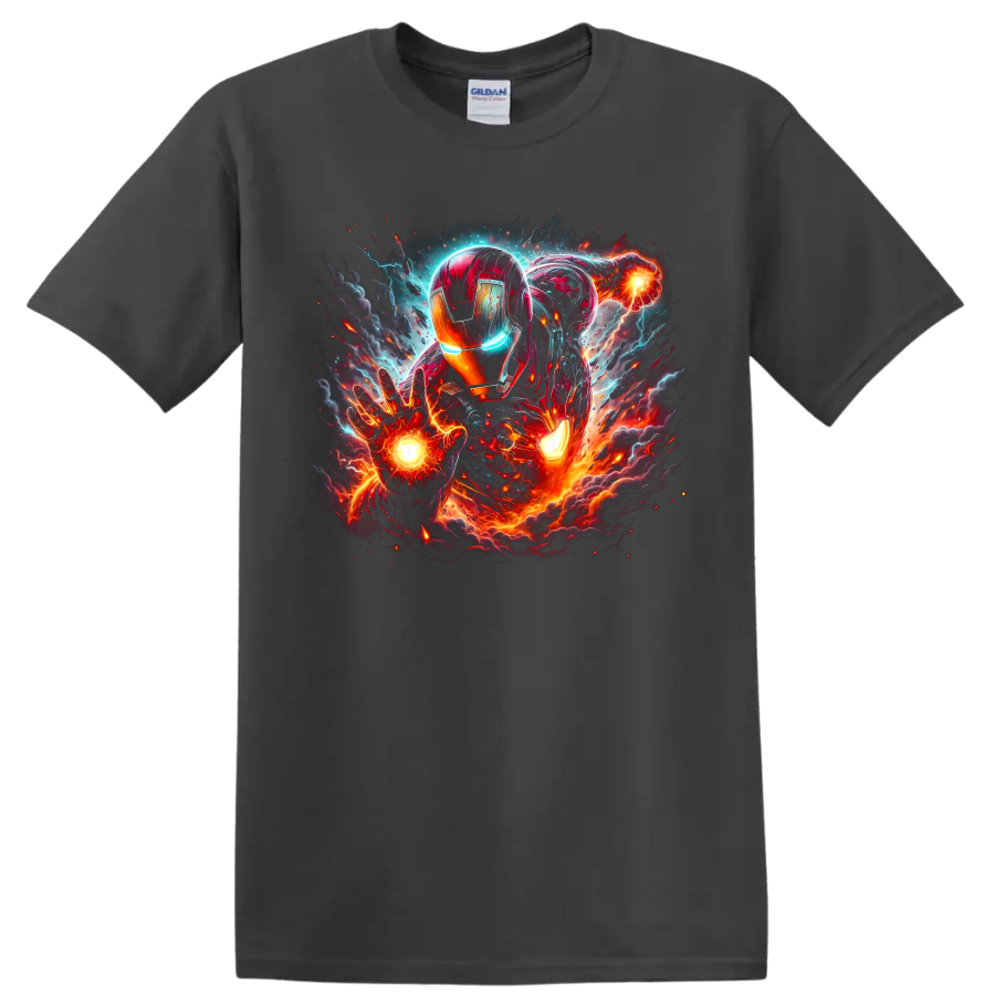 Iron Man in glowing red-and-gold armor with arc reactor and cosmic battle energy on a Charcoal T Shirt