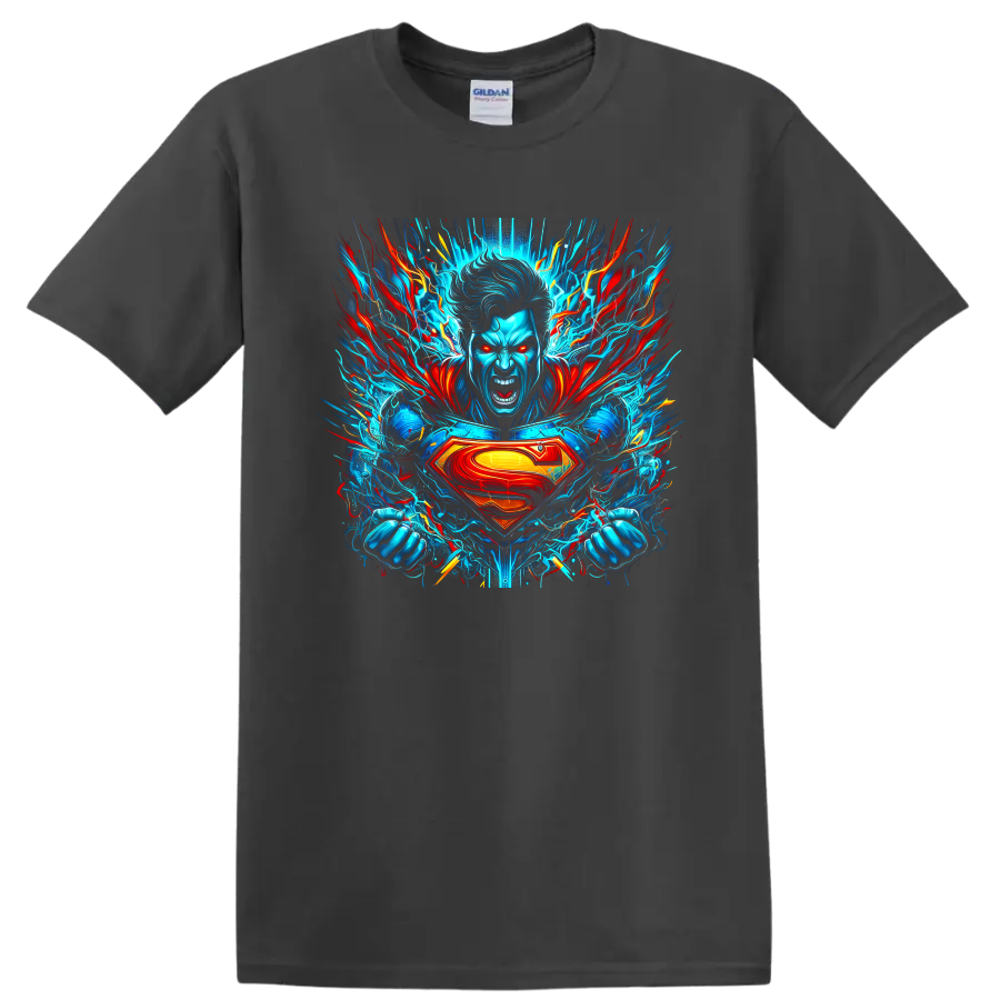 Superman electric blue and red energy burst comic hero graphic with S shield on a Charcoal T Shirt