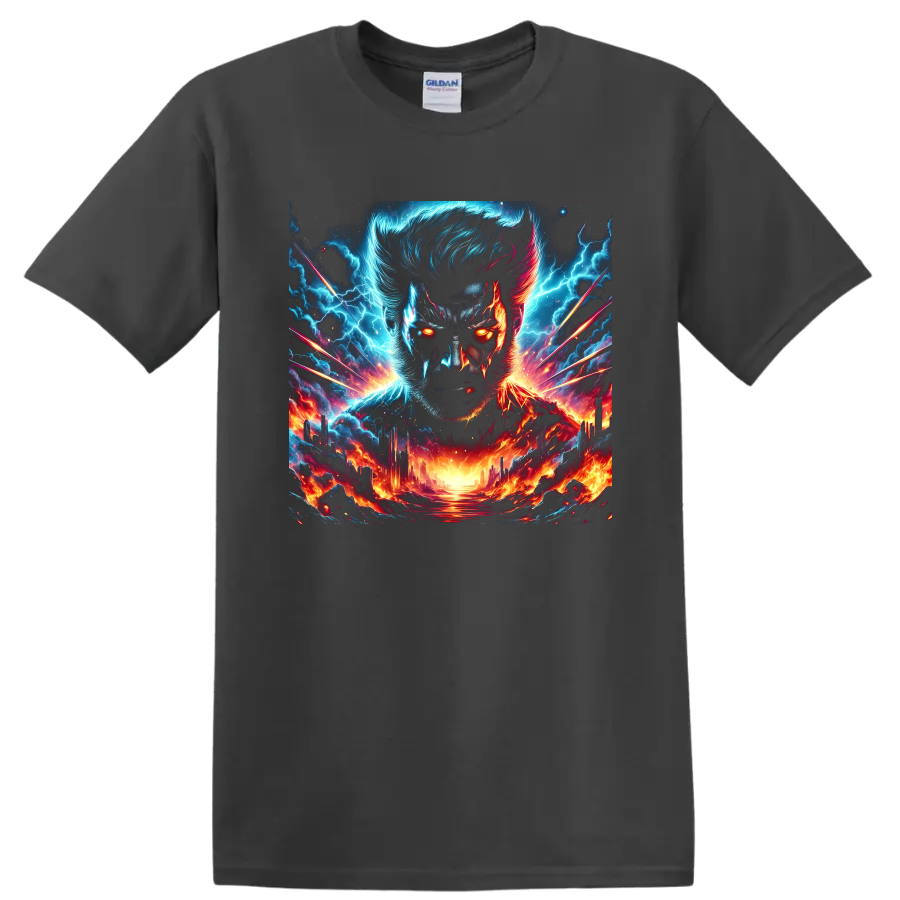 Wolverine portrait in electric lightning and fiery cosmic landscape graphic art on a Charcoal T Shirt