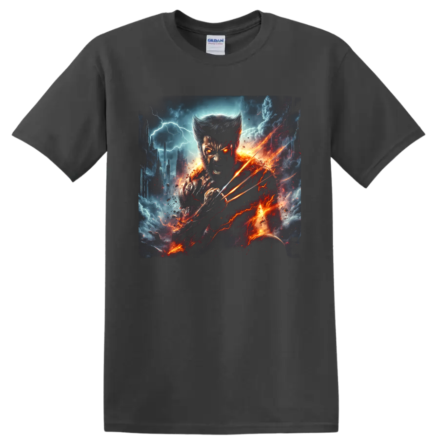 Wolverine Weapon X with extended claws in fiery lightning comic battle art on a Charcoal T Shirt