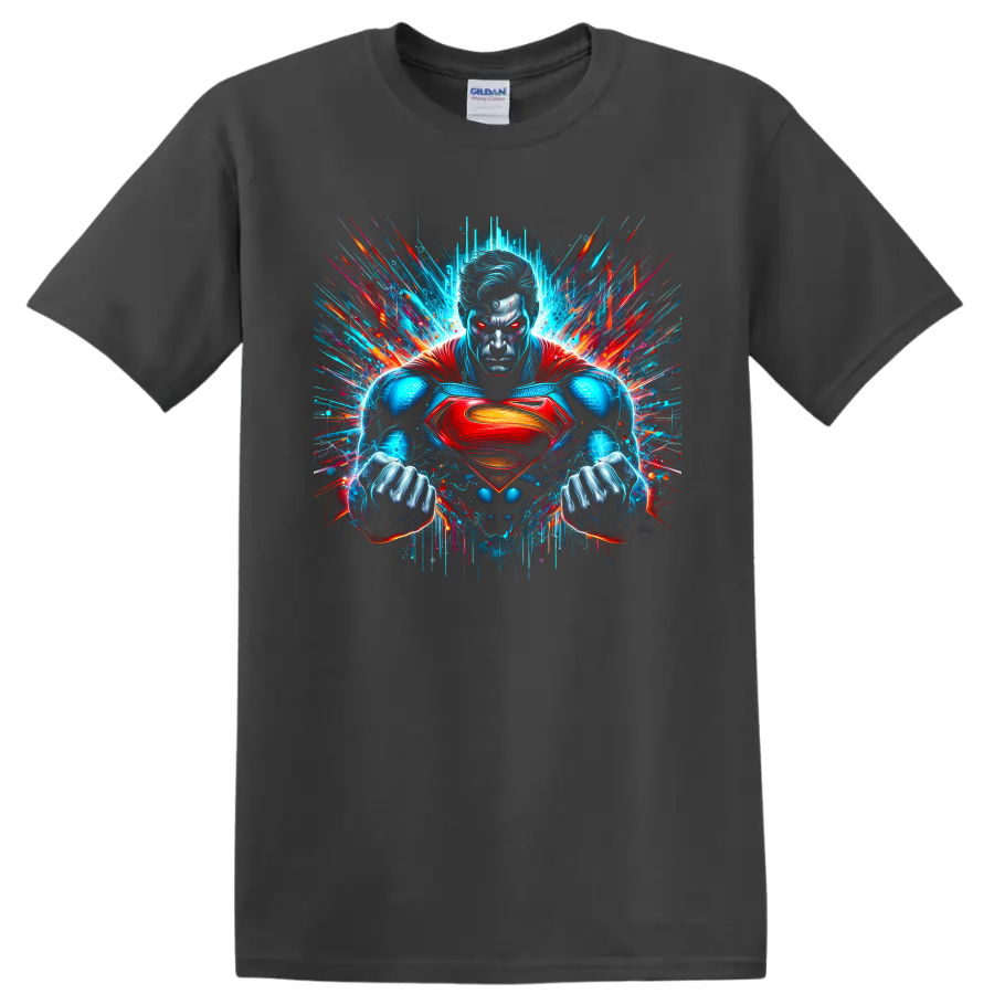 Superman in neon comic art with glowing eyes, red cape, chest shield, and paint bursts on a Charcoal T Shirt