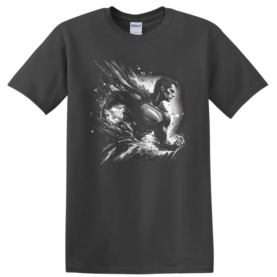 Superman in monochrome comic art with cosmic splashes and motion trails on a Charcoal T Shirt