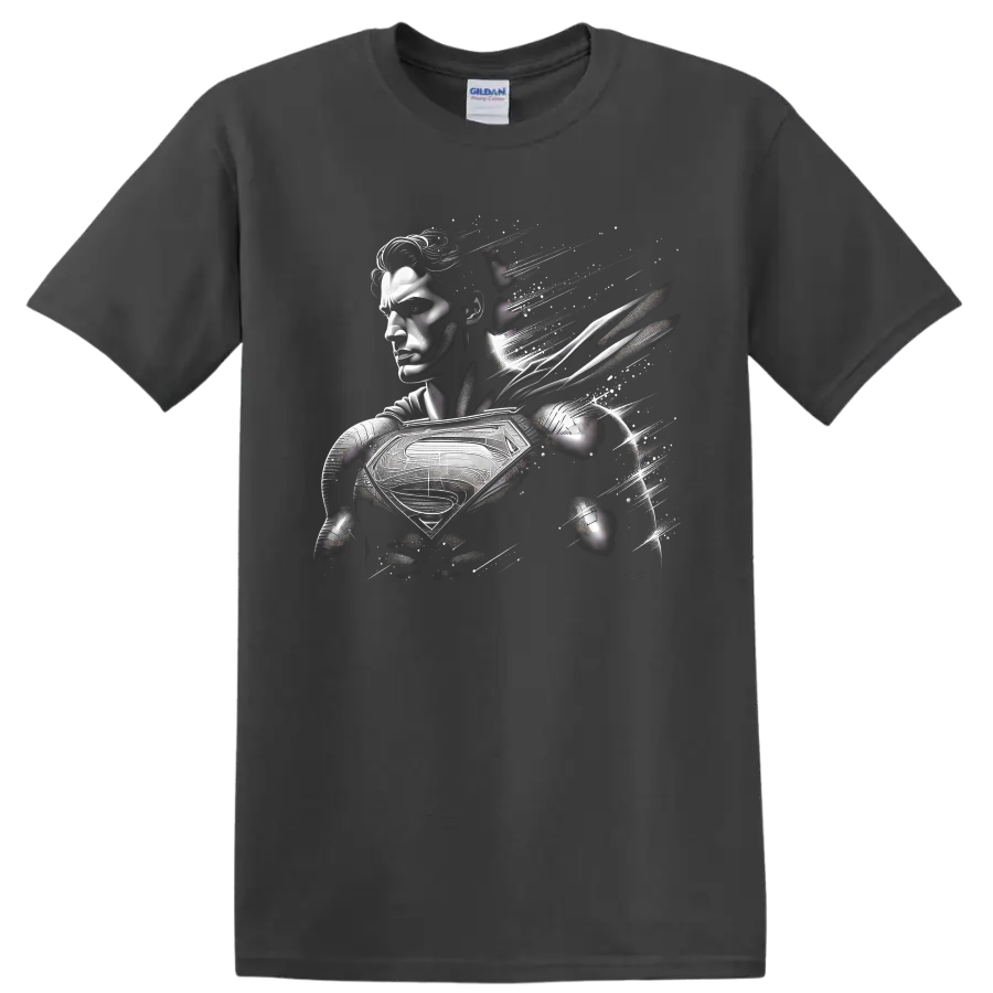 Superman monochrome abstract comic portrait with chest shield and pixel fragments on a Charcoal T Shirt