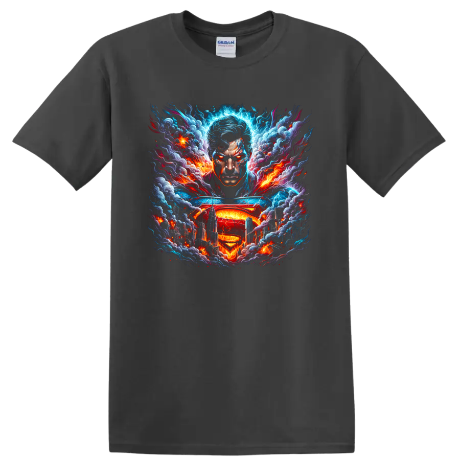 Superman portrait with S shield, lightning, flames, and futuristic city graphic art on a Charcoal T Shirt