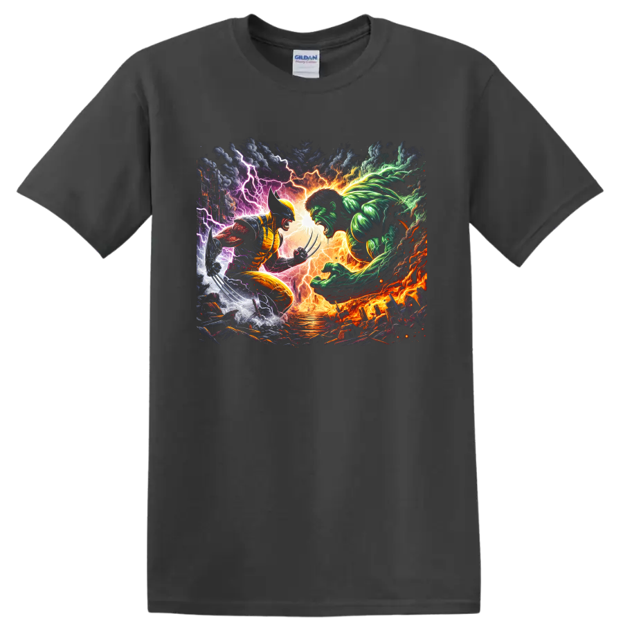 Wolverine vs Hulk comic art battle with claws, lightning, flames, and storm clouds on a Charcoal T Shirt