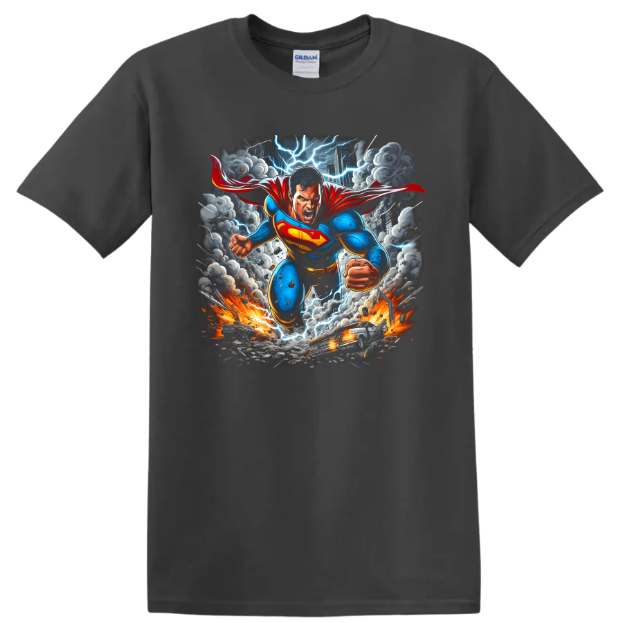Superman charging through a lightning storm cityscape in dynamic comic art on a Charcoal T Shirt