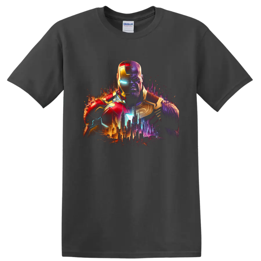 Iron Man and Thanos split armor portrait with neon futuristic city graphic on a Charcoal T Shirt