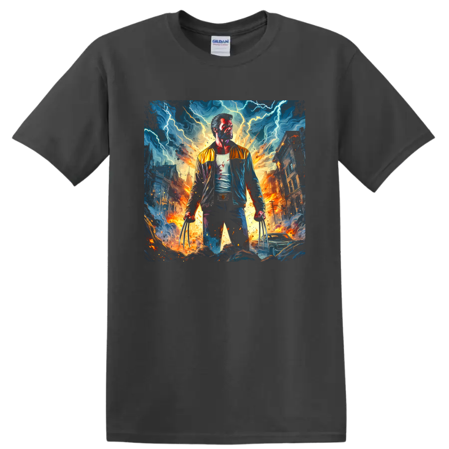 Wolverine with extended claws in a fiery stormy city battle graphic on a Charcoal T Shirt