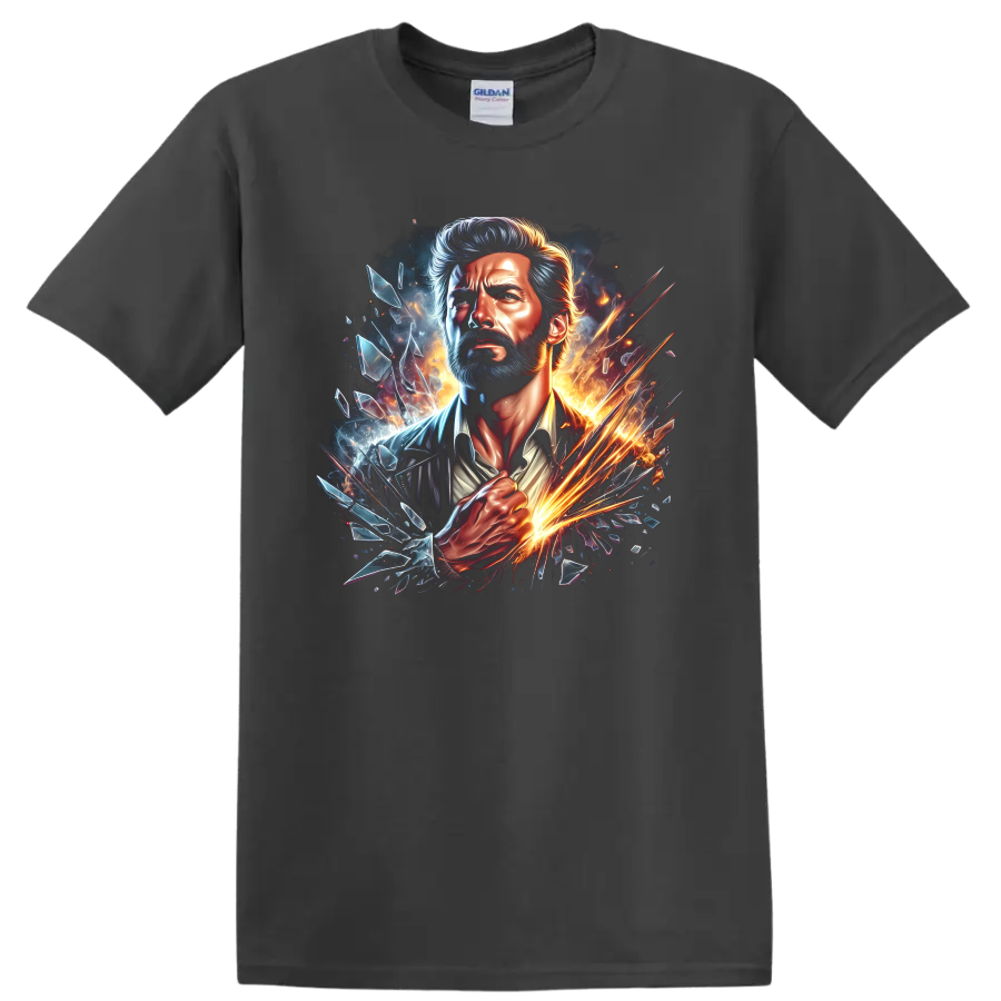 Old Man Logan Wolverine portrait with fiery sparks, blue energy, and shattered glass on a Charcoal T Shirt