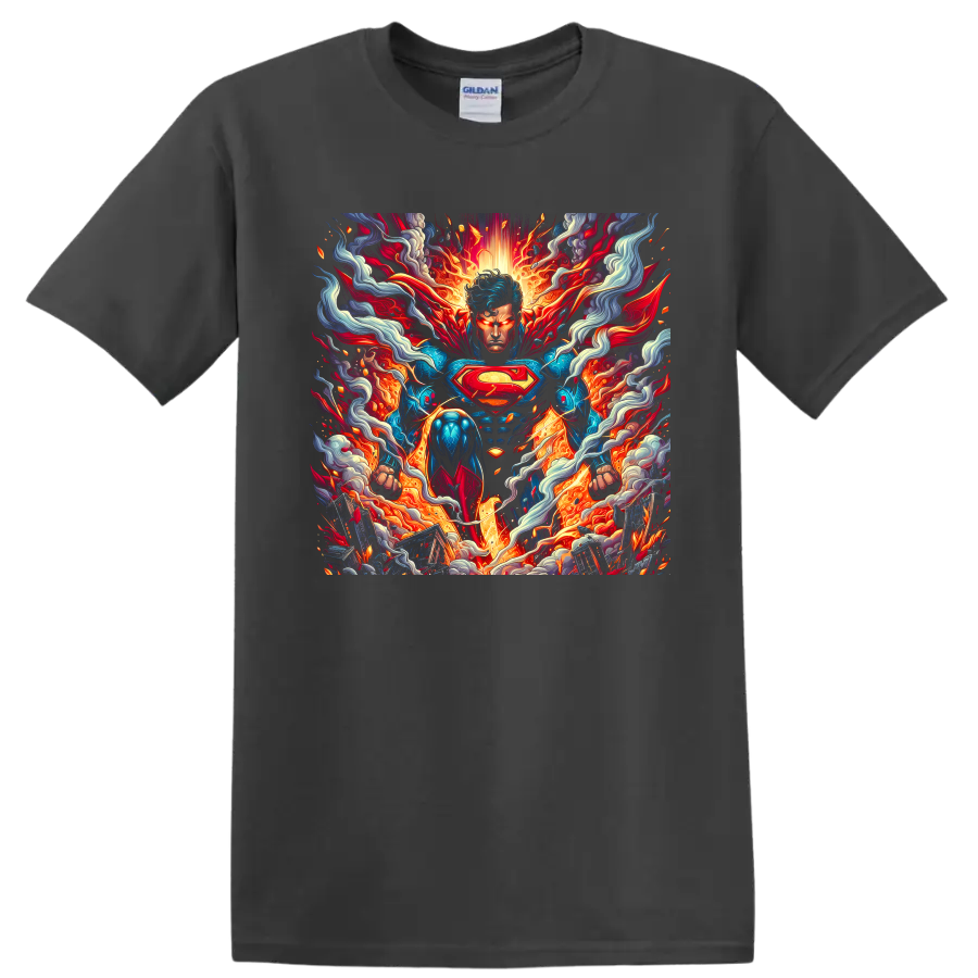 Superman fiery comic art graphic with red cape, chest emblem, smoke, and energy on a Charcoal T Shirt