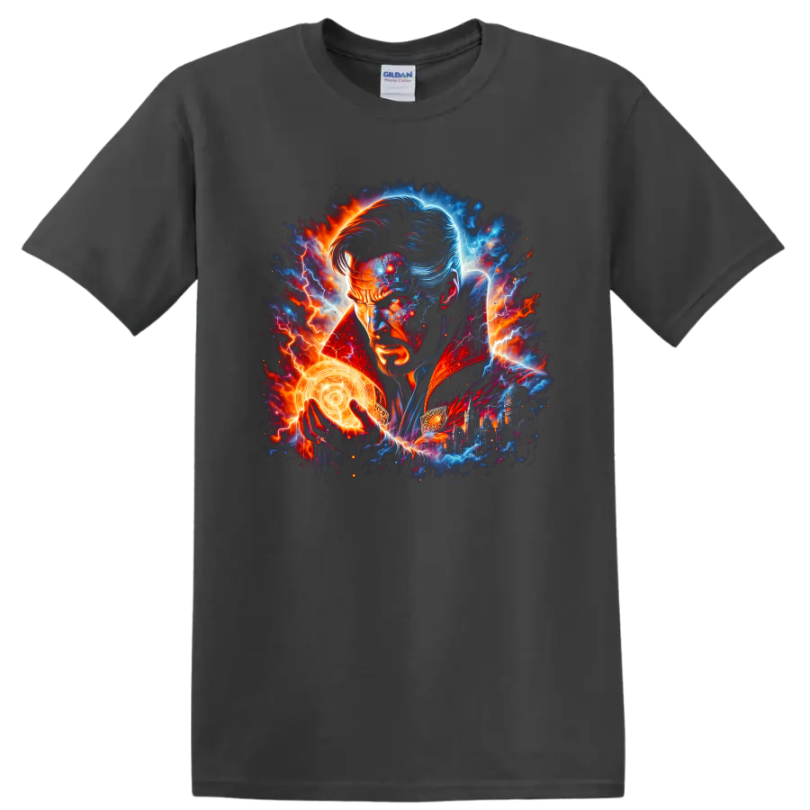 Doctor Strange portrait with glowing magic circle, lightning, and cosmic superhero art on a Charcoal T Shirt