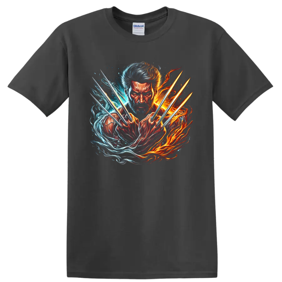 Wolverine Logan portrait with claws in fiery orange and icy blue comic art on a Charcoal T Shirt