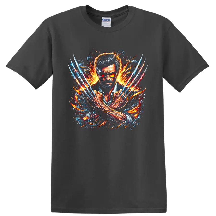 Wolverine Logan portrait with metal claws, flames, and blue comic-style energy on a Charcoal T Shirt