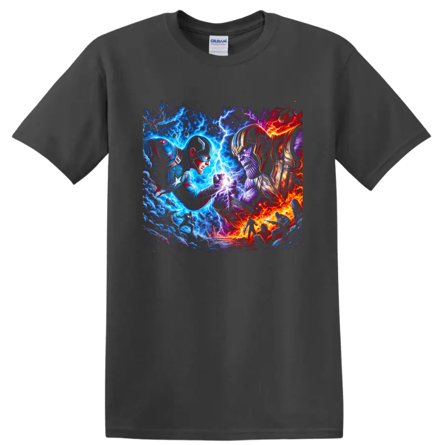 Captain America and Thanos in cosmic comic art battle with lightning and fire on a Charcoal T Shirt
