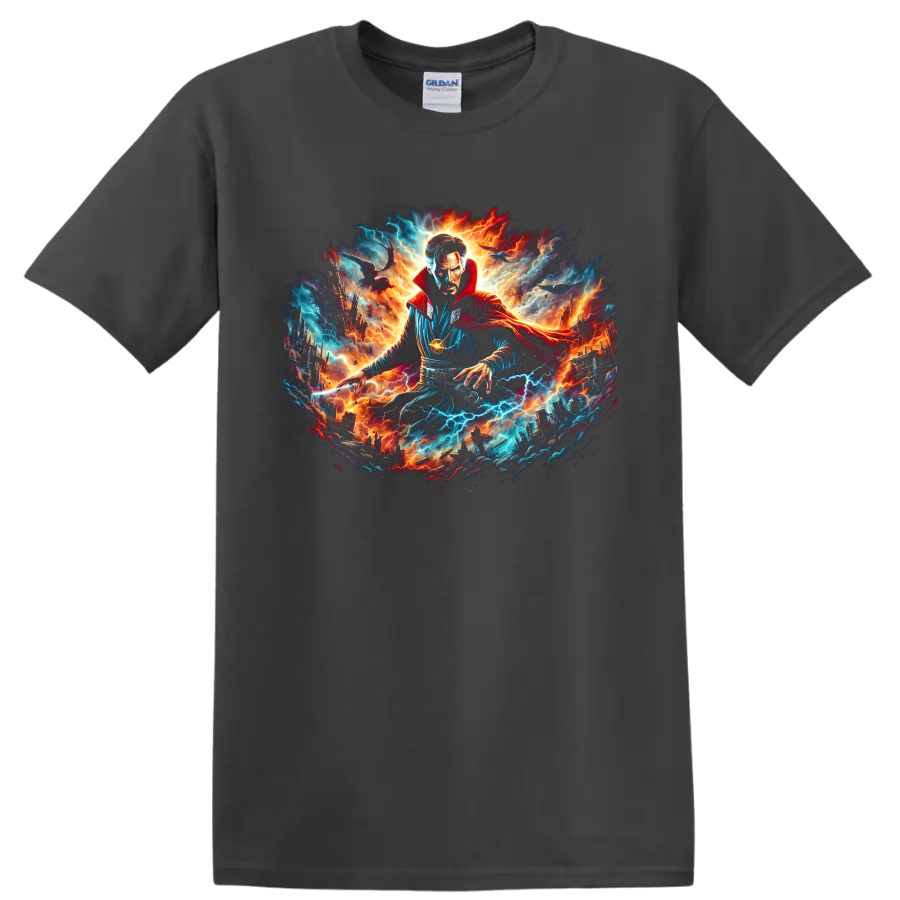 Doctor Strange cosmic fantasy art with lightning, fire, and futuristic city on a Charcoal T Shirt