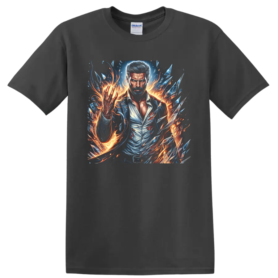 Wolverine portrait in fiery comic art with sparks and shattered crystal shards on a Charcoal T Shirt