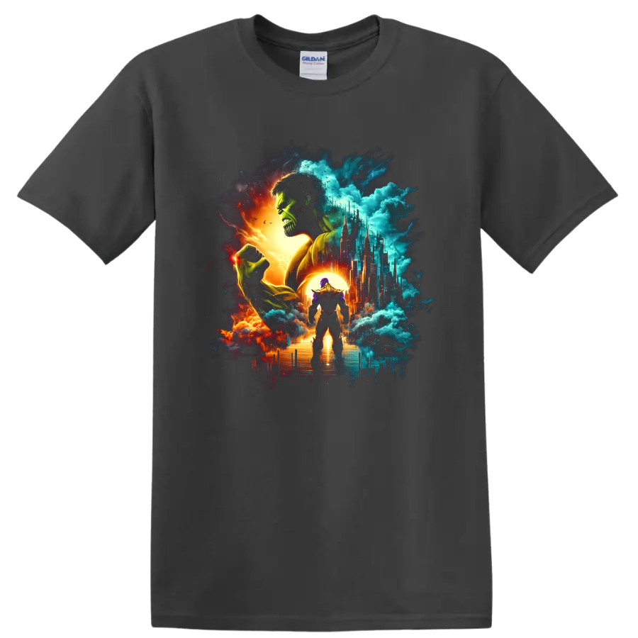 Thanos and Hulk cosmic battle illustration with futuristic cityscape on a Charcoal T Shirt