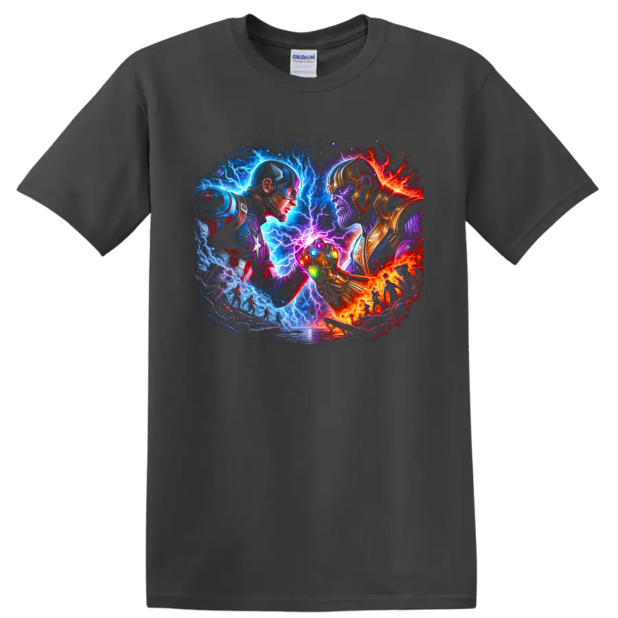 Captain America and Thanos cosmic battle art with a glowing jeweled gauntlet on a Charcoal T Shirt