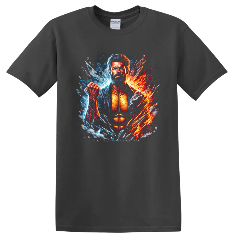 Wolverine superhero portrait with fire, ice energy, smoke, and shattered comic art on a Charcoal T Shirt