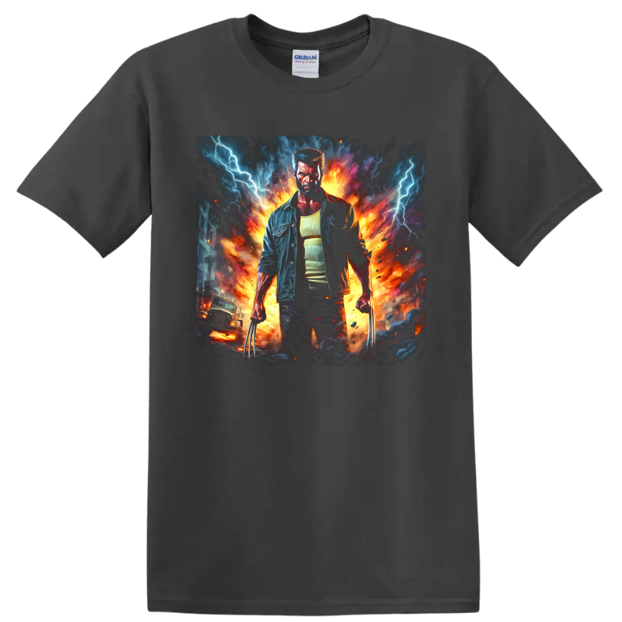 Wolverine clawed superhero in explosive fire and lightning comic art on a Charcoal T Shirt